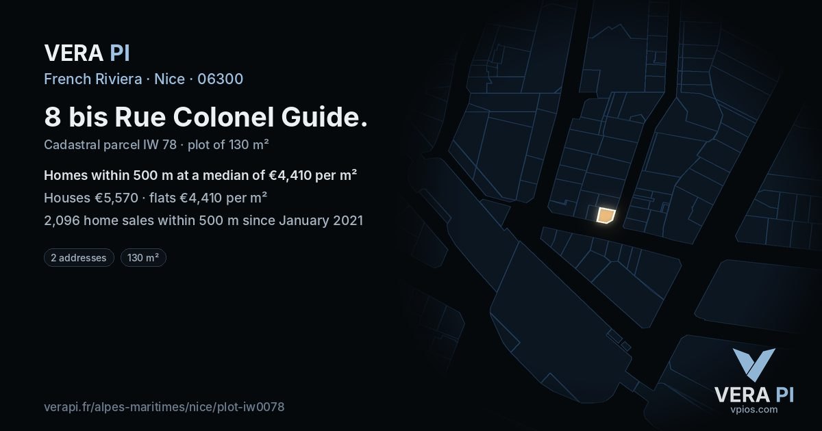 8 bis Rue Colonel Guide, Nice at night – the plot lit, the parcels around coloured by the prices near them