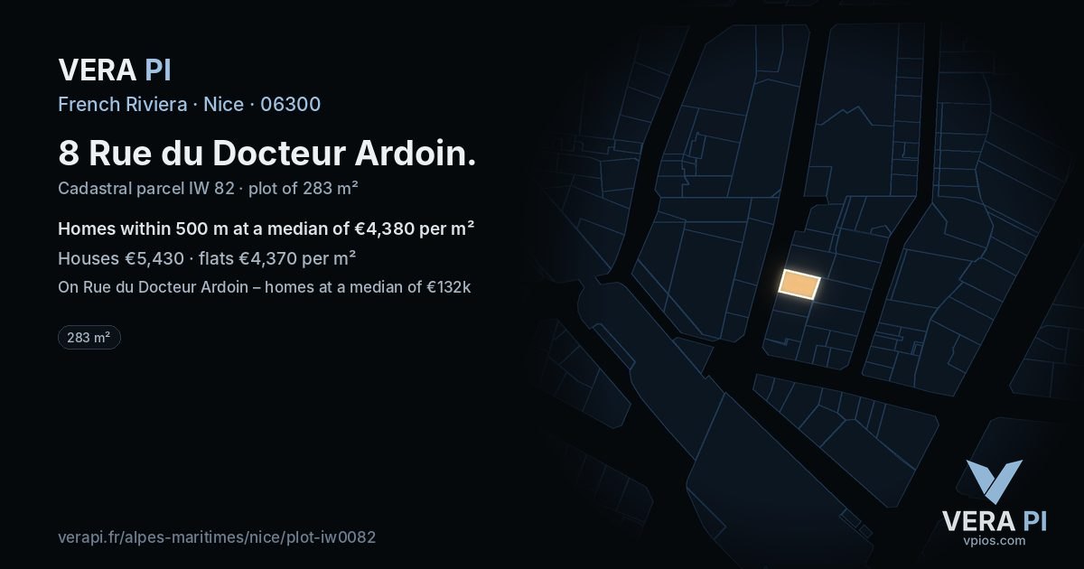 8 Rue du Docteur Ardoin, Nice at night – the plot lit, the parcels around coloured by the prices near them