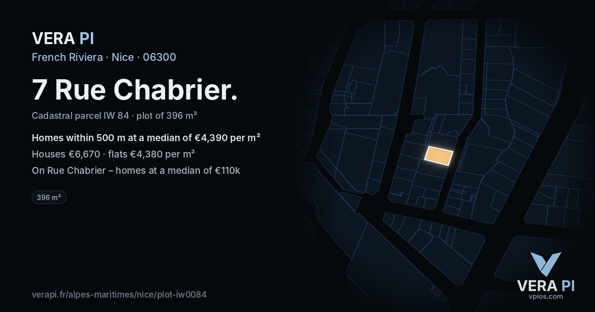 7 Rue Chabrier, Nice at night – the plot lit, the parcels around coloured by the prices near them
