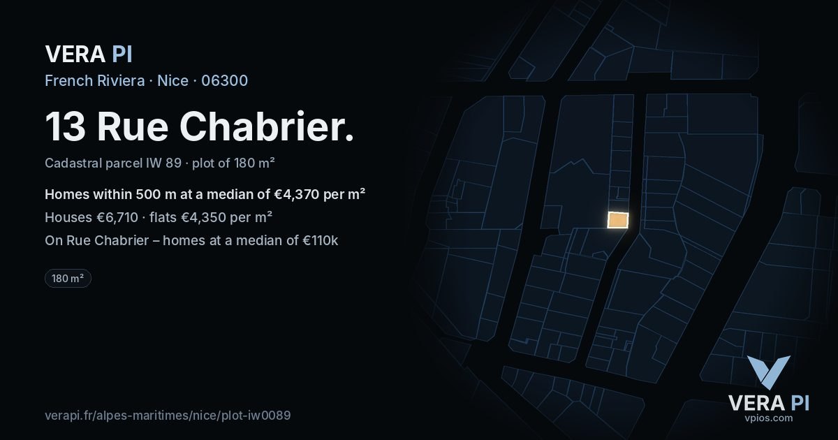13 Rue Chabrier, Nice at night – the plot lit, the parcels around coloured by the prices near them