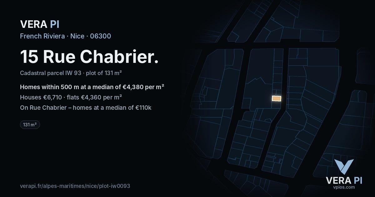 15 Rue Chabrier, Nice at night – the plot lit, the parcels around coloured by the prices near them