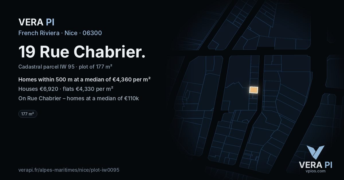 19 Rue Chabrier, Nice at night – the plot lit, the parcels around coloured by the prices near them