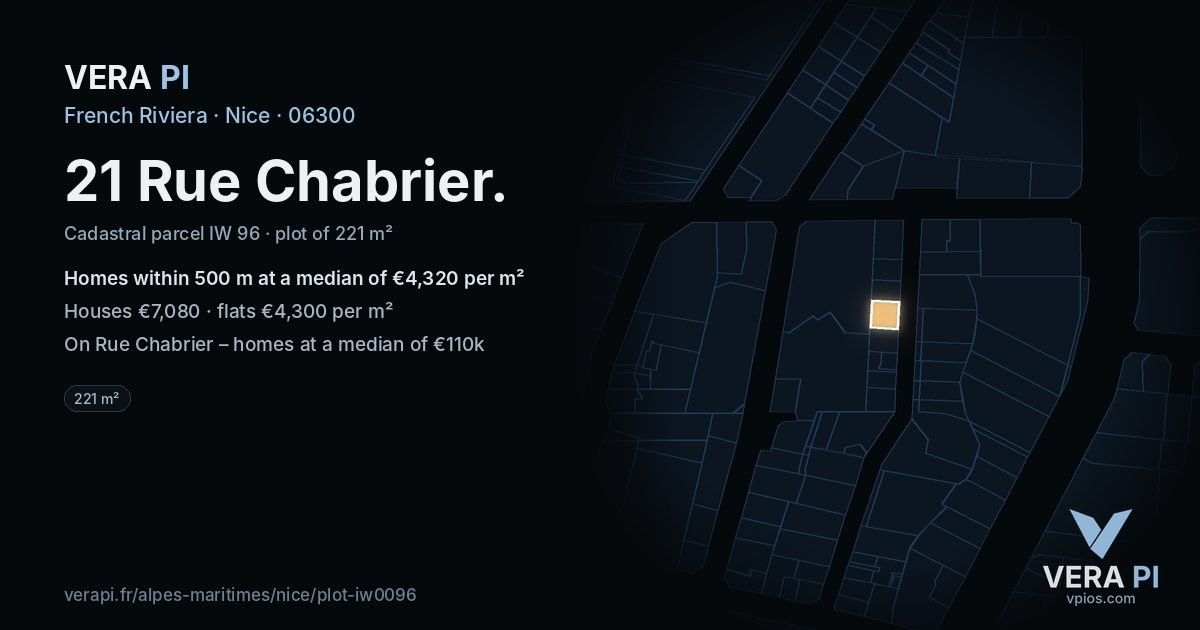 21 Rue Chabrier, Nice at night – the plot lit, the parcels around coloured by the prices near them