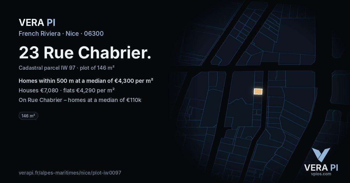 23 Rue Chabrier, Nice at night – the plot lit, the parcels around coloured by the prices near them