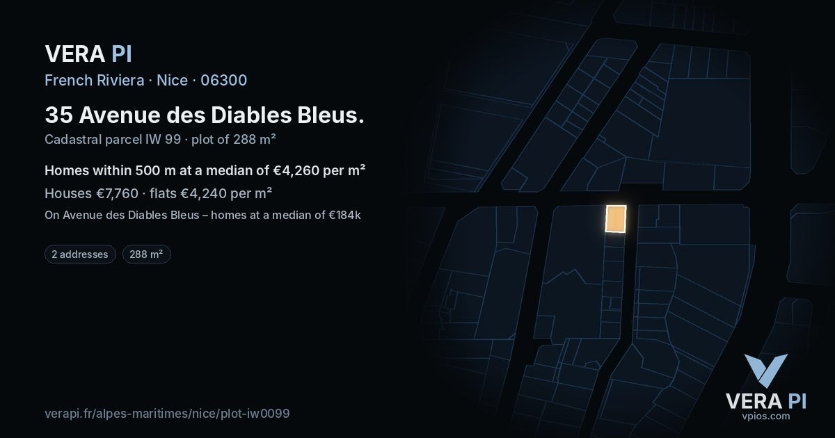 35 Avenue des Diables Bleus, Nice at night – the plot lit, the parcels around coloured by the prices near them