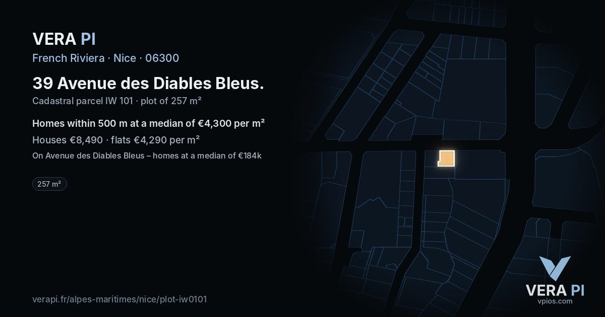 39 Avenue des Diables Bleus, Nice at night – the plot lit, the parcels around coloured by the prices near them