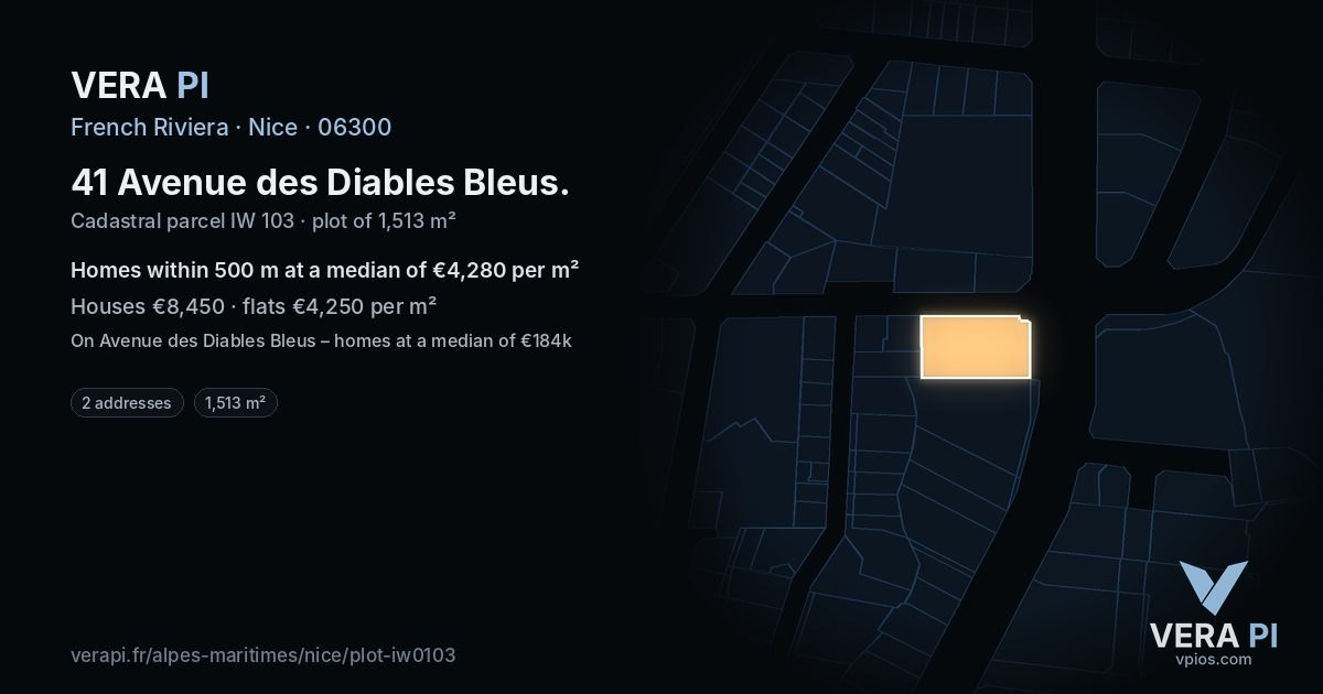 41 Avenue des Diables Bleus, Nice at night – the plot lit, the parcels around coloured by the prices near them