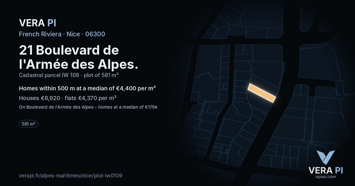 21 Boulevard de l'Armée des Alpes, Nice at night – the plot lit, the parcels around coloured by the prices near them
