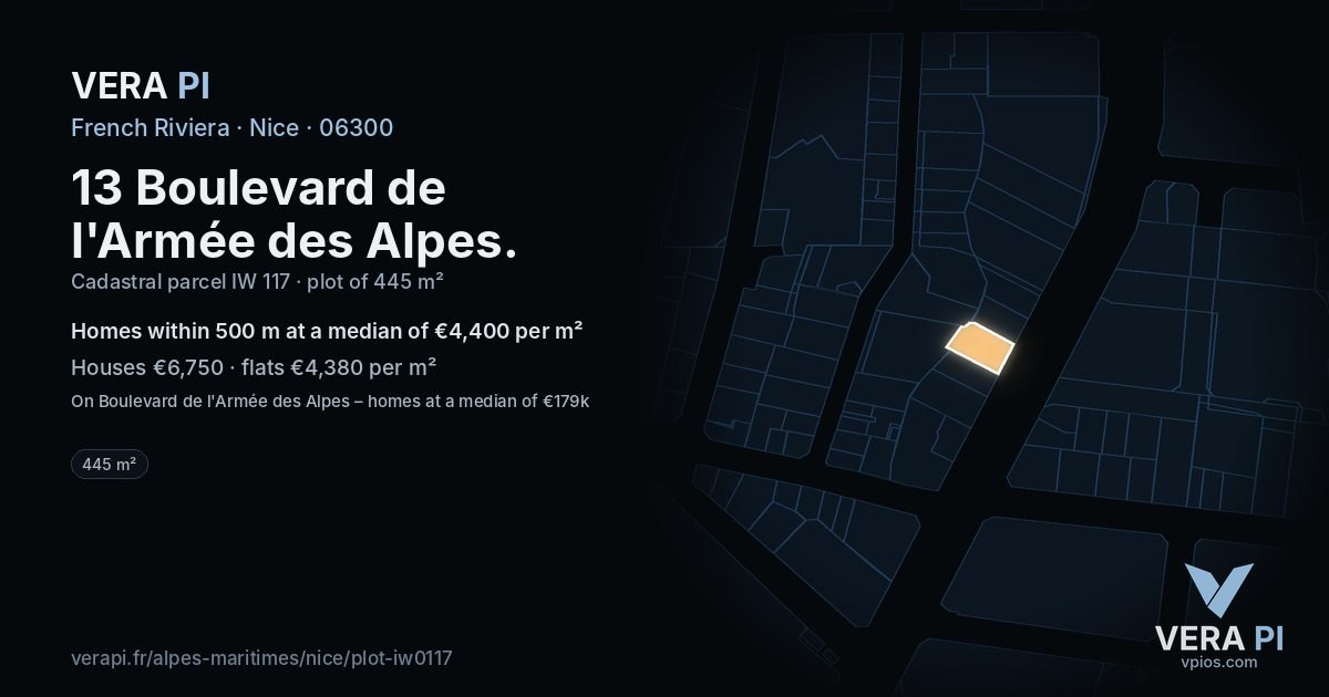 13 Boulevard de l'Armée des Alpes, Nice at night – the plot lit, the parcels around coloured by the prices near them
