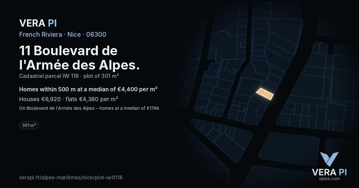 11 Boulevard de l'Armée des Alpes, Nice at night – the plot lit, the parcels around coloured by the prices near them