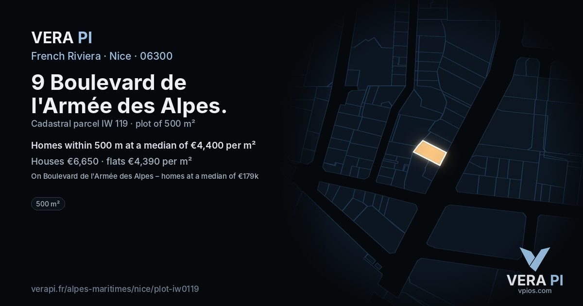 9 Boulevard de l'Armée des Alpes, Nice at night – the plot lit, the parcels around coloured by the prices near them