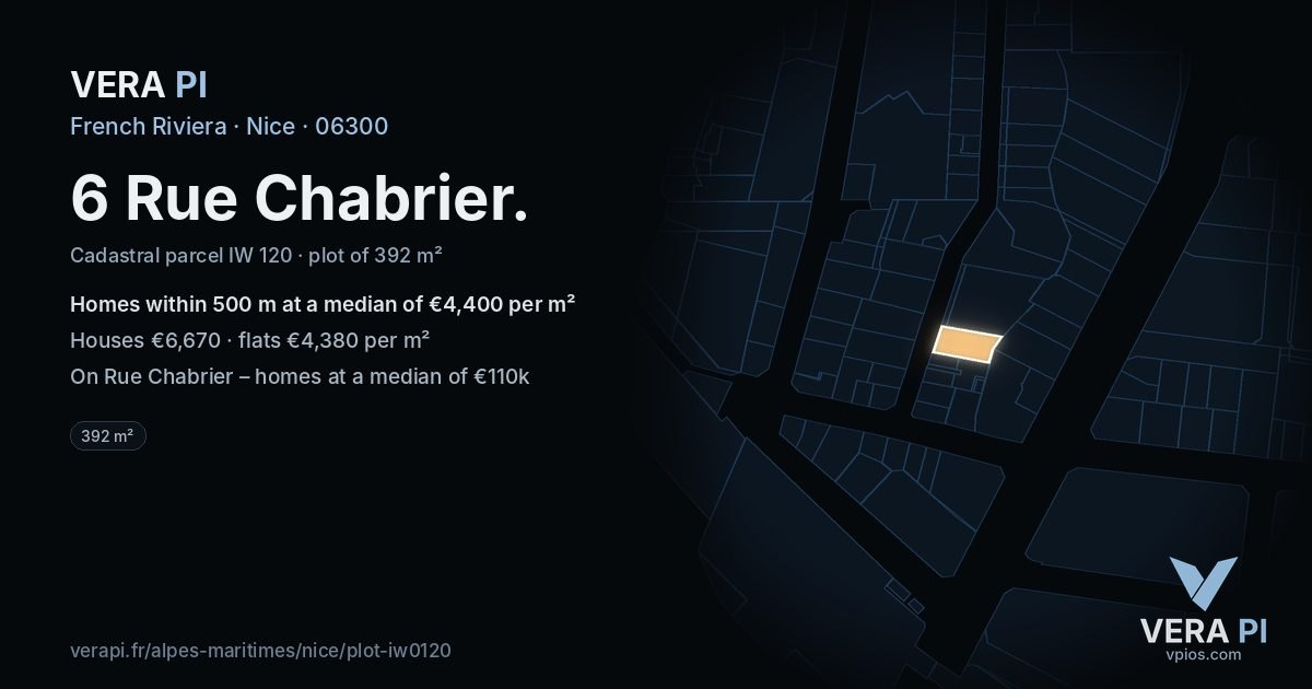 6 Rue Chabrier, Nice at night – the plot lit, the parcels around coloured by the prices near them