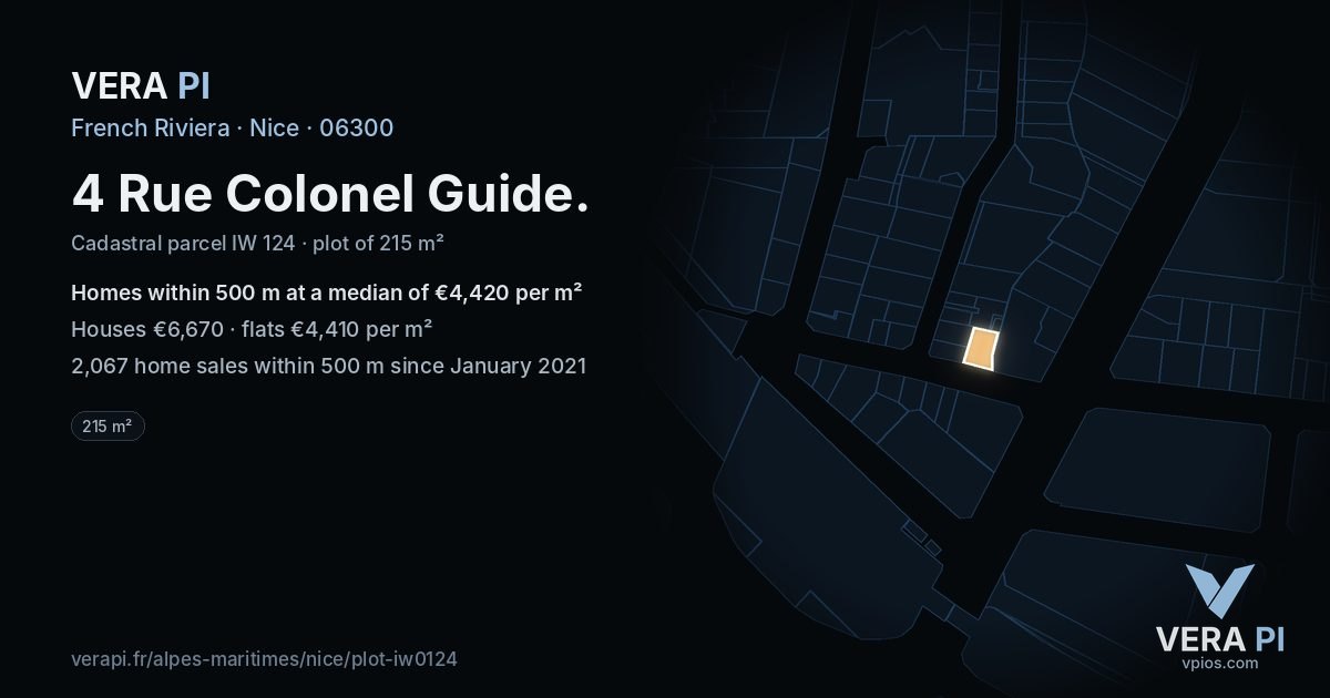 4 Rue Colonel Guide, Nice at night – the plot lit, the parcels around coloured by the prices near them