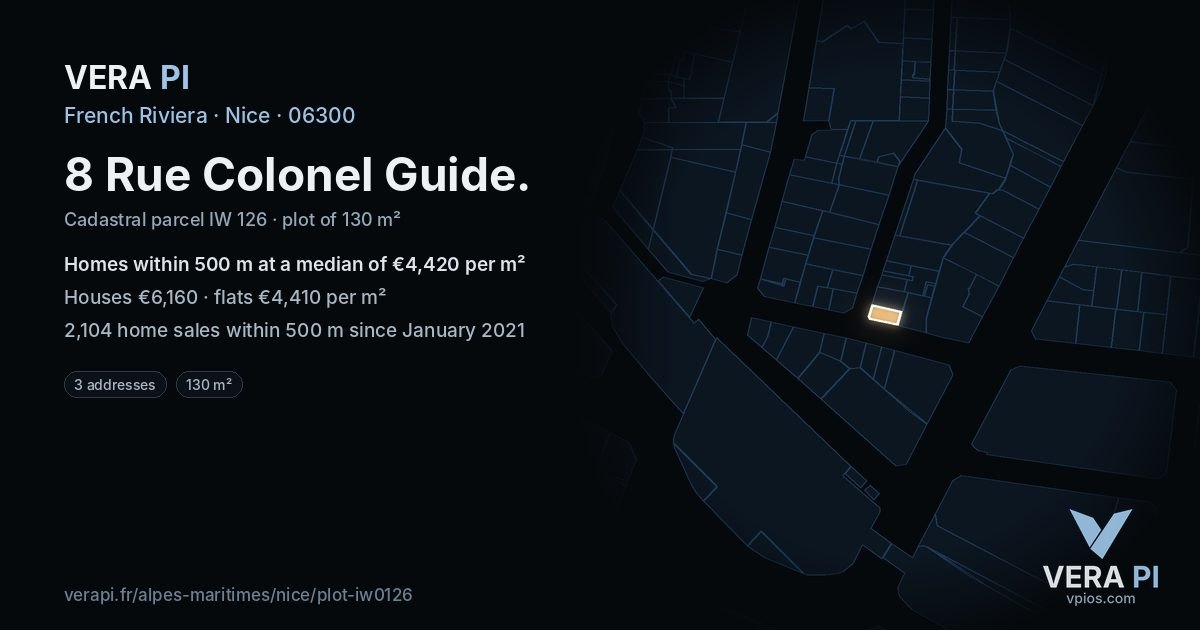 8 Rue Colonel Guide, Nice at night – the plot lit, the parcels around coloured by the prices near them
