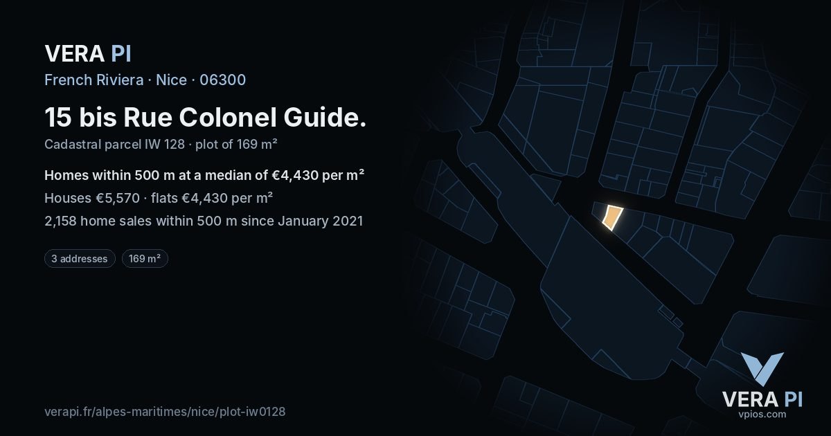 15 bis Rue Colonel Guide, Nice at night – the plot lit, the parcels around coloured by the prices near them