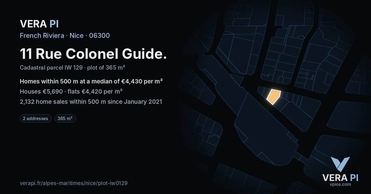 11 Rue Colonel Guide, Nice at night – the plot lit, the parcels around coloured by the prices near them