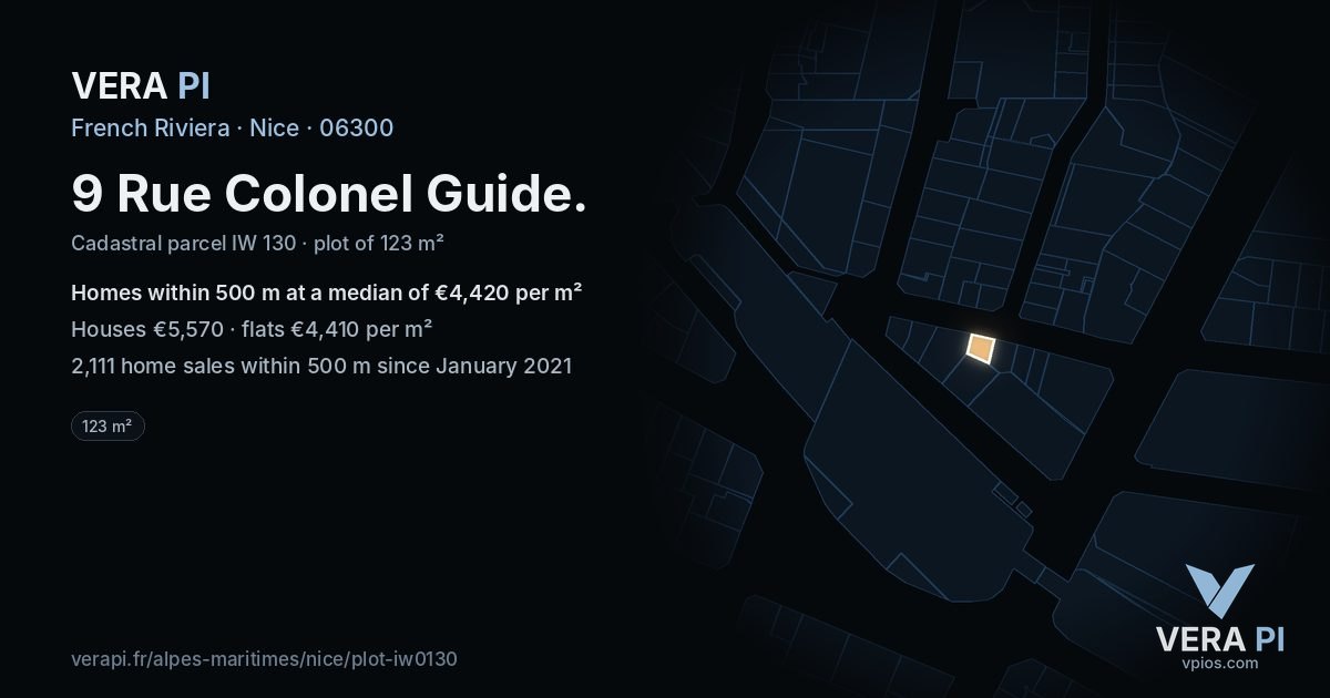 9 Rue Colonel Guide, Nice at night – the plot lit, the parcels around coloured by the prices near them