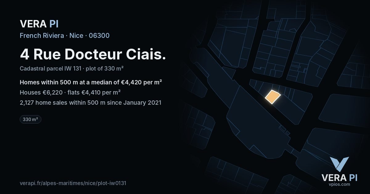4 Rue Docteur Ciais, Nice at night – the plot lit, the parcels around coloured by the prices near them
