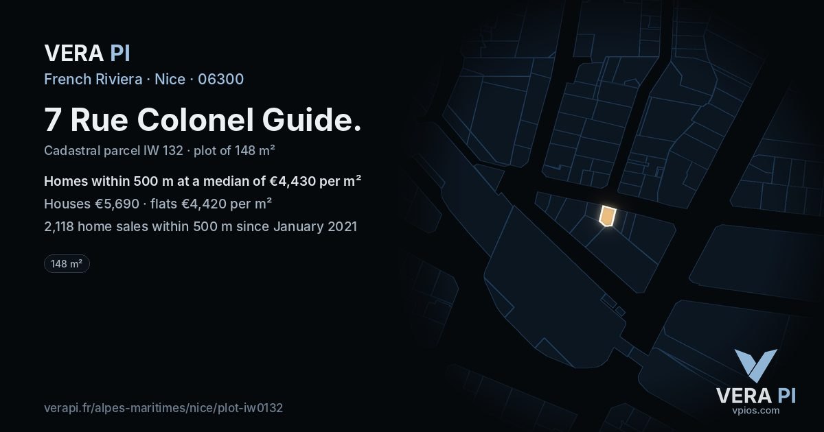7 Rue Colonel Guide, Nice at night – the plot lit, the parcels around coloured by the prices near them