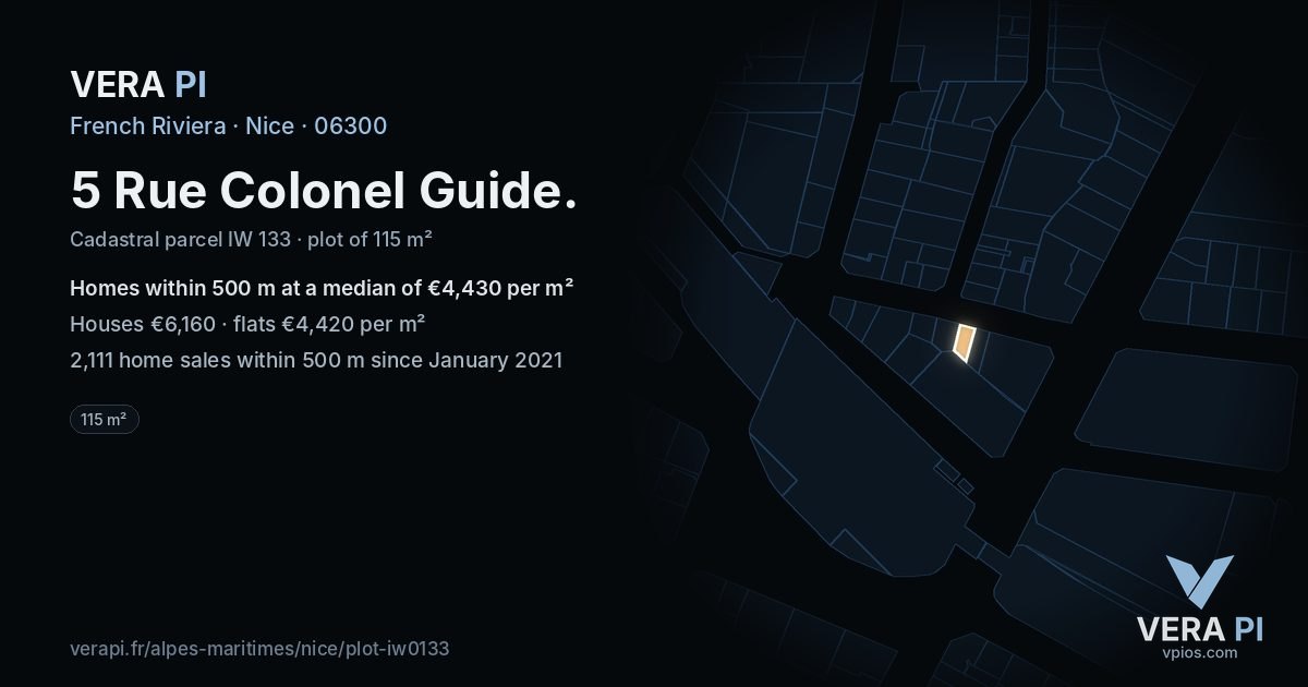 5 Rue Colonel Guide, Nice at night – the plot lit, the parcels around coloured by the prices near them