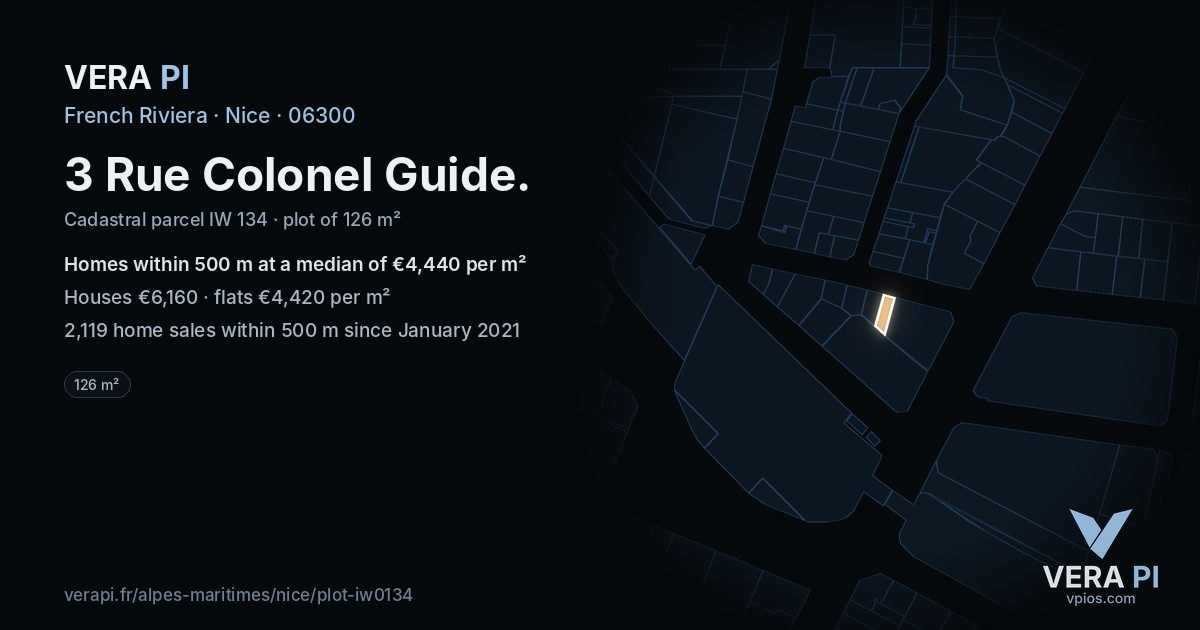 3 Rue Colonel Guide, Nice at night – the plot lit, the parcels around coloured by the prices near them
