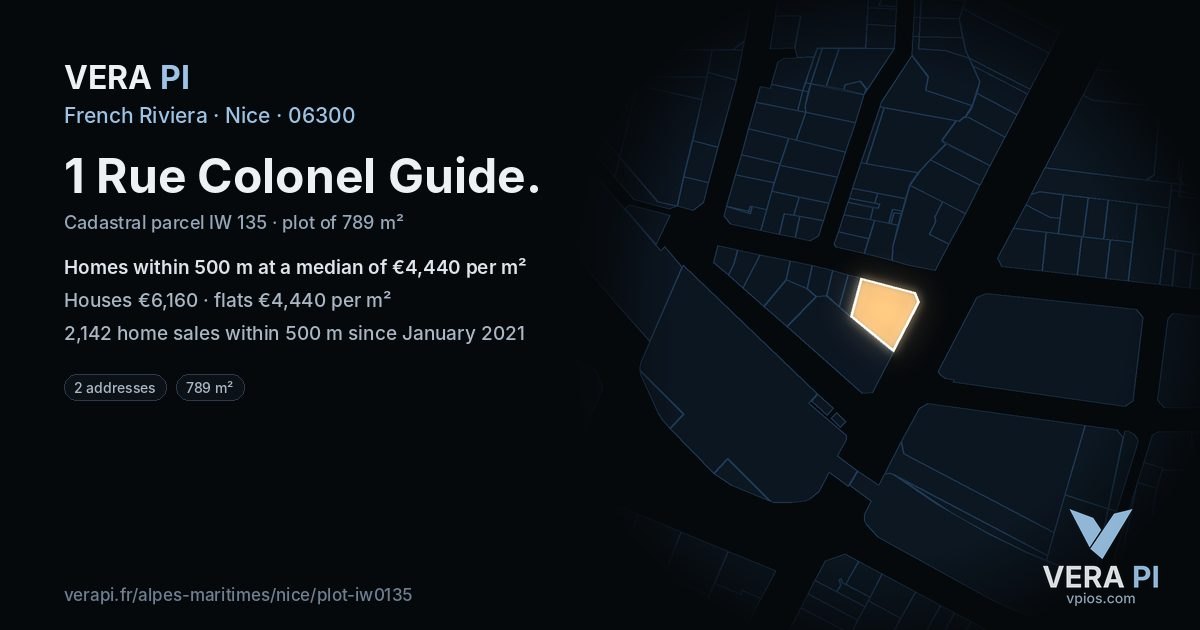 1 Rue Colonel Guide, Nice at night – the plot lit, the parcels around coloured by the prices near them
