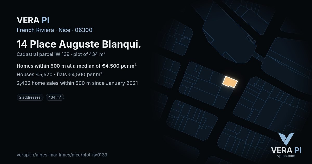 14 Place Auguste Blanqui, Nice at night – the plot lit, the parcels around coloured by the prices near them