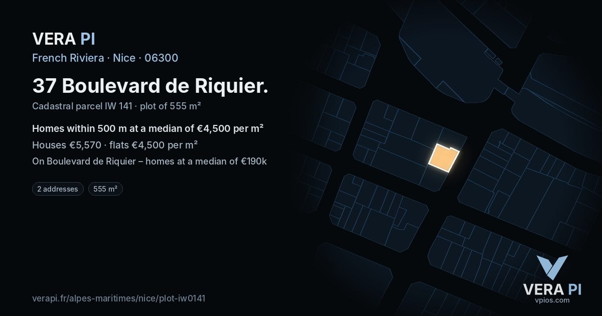 37 Boulevard de Riquier, Nice at night – the plot lit, the parcels around coloured by the prices near them