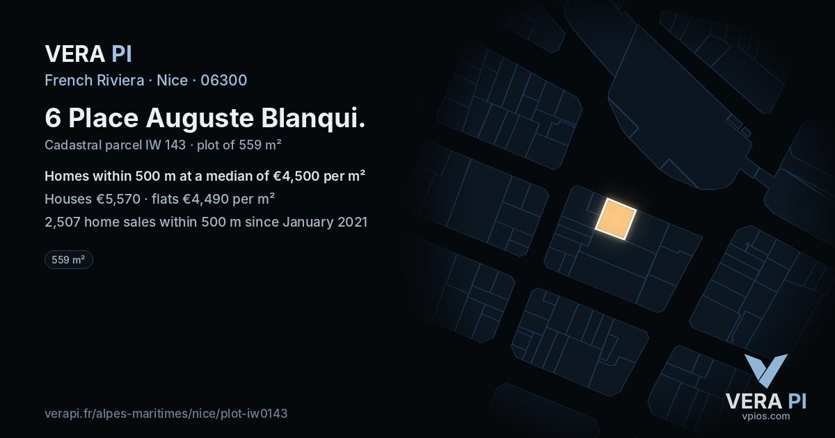 6 Place Auguste Blanqui, Nice at night – the plot lit, the parcels around coloured by the prices near them