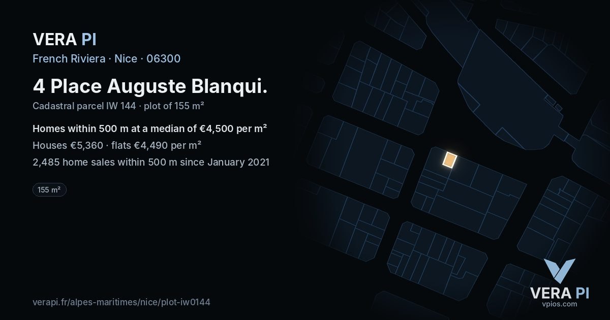 4 Place Auguste Blanqui, Nice at night – the plot lit, the parcels around coloured by the prices near them