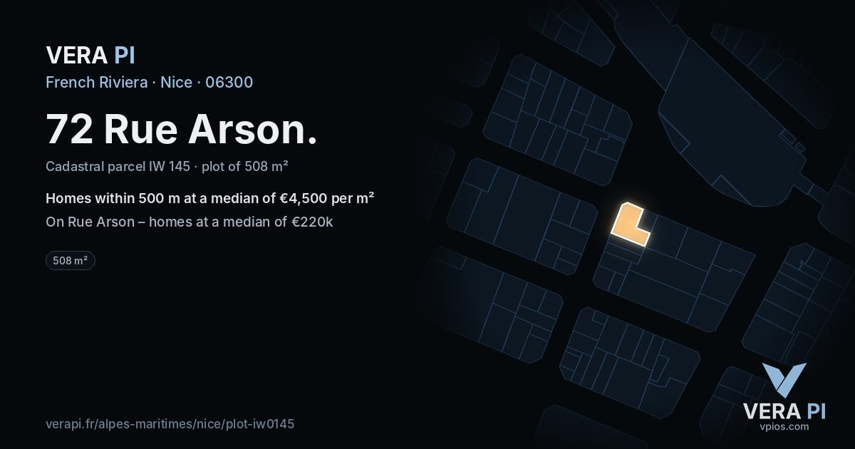72 Rue Arson, Nice at night – the plot lit, the parcels around coloured by the prices near them