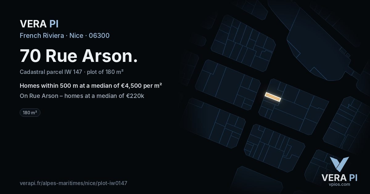 70 Rue Arson, Nice at night – the plot lit, the parcels around coloured by the prices near them