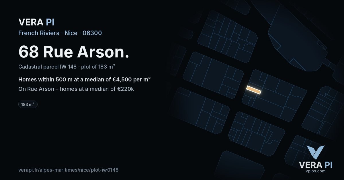 68 Rue Arson, Nice at night – the plot lit, the parcels around coloured by the prices near them