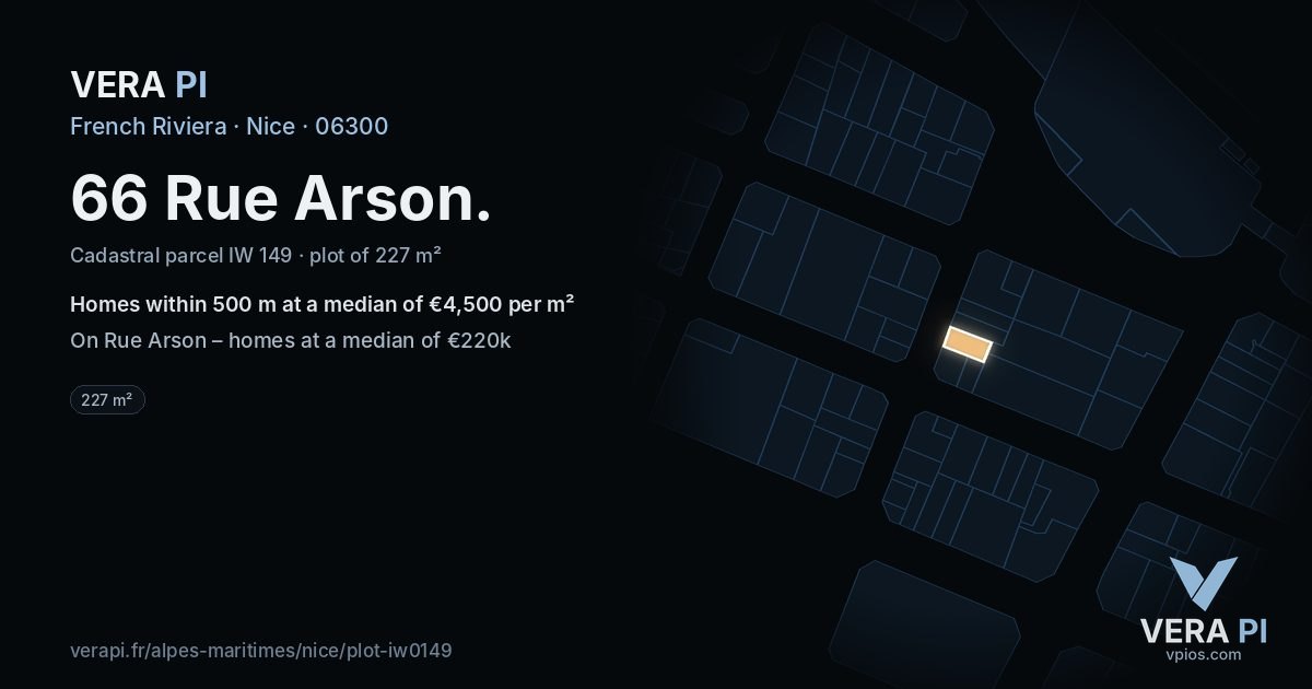 66 Rue Arson, Nice at night – the plot lit, the parcels around coloured by the prices near them