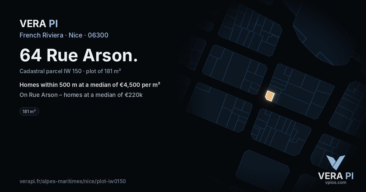 64 Rue Arson, Nice at night – the plot lit, the parcels around coloured by the prices near them