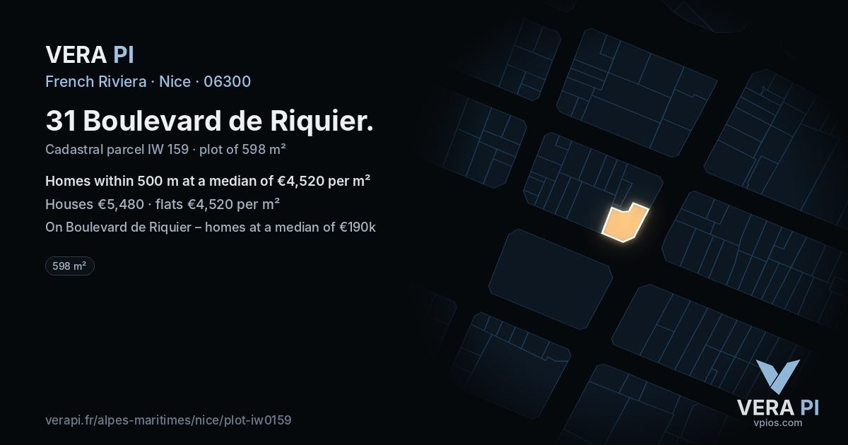 31 Boulevard de Riquier, Nice at night – the plot lit, the parcels around coloured by the prices near them