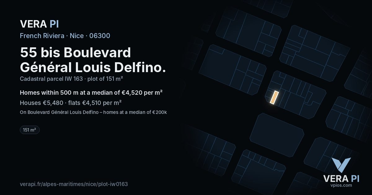 55 bis Boulevard Général Louis Delfino, Nice at night – the plot lit, the parcels around coloured by the prices near them