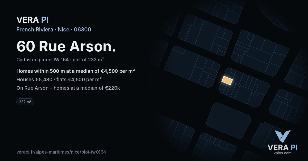 60 Rue Arson, Nice at night – the plot lit, the parcels around coloured by the prices near them