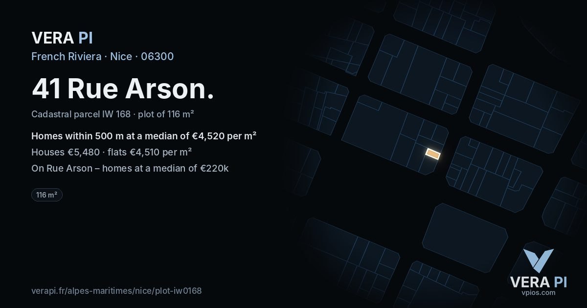 41 Rue Arson, Nice at night – the plot lit, the parcels around coloured by the prices near them