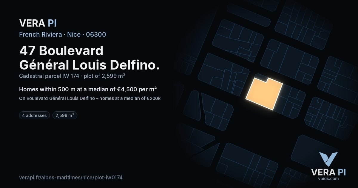 47 Boulevard Général Louis Delfino, Nice at night – the plot lit, the parcels around coloured by the prices near them