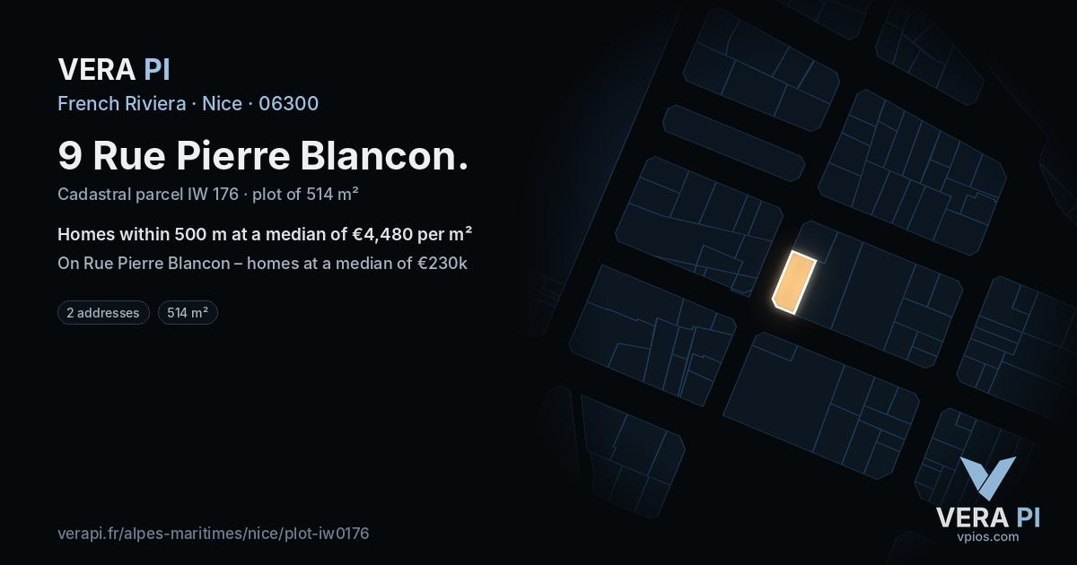 9 Rue Pierre Blancon, Nice at night – the plot lit, the parcels around coloured by the prices near them