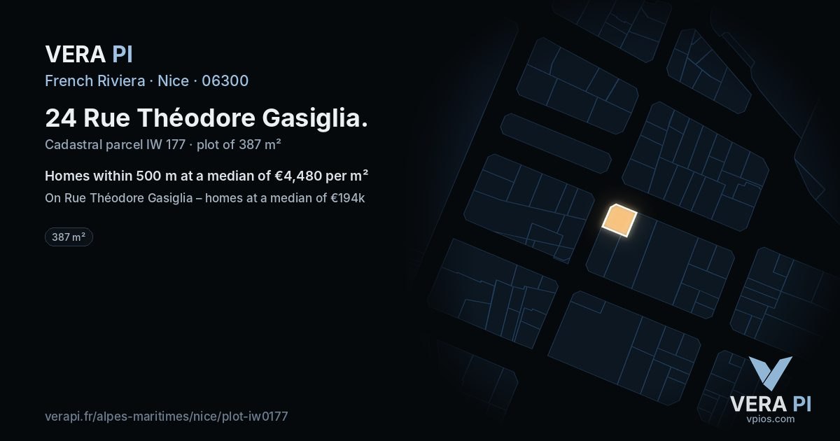 24 Rue Théodore Gasiglia, Nice at night – the plot lit, the parcels around coloured by the prices near them