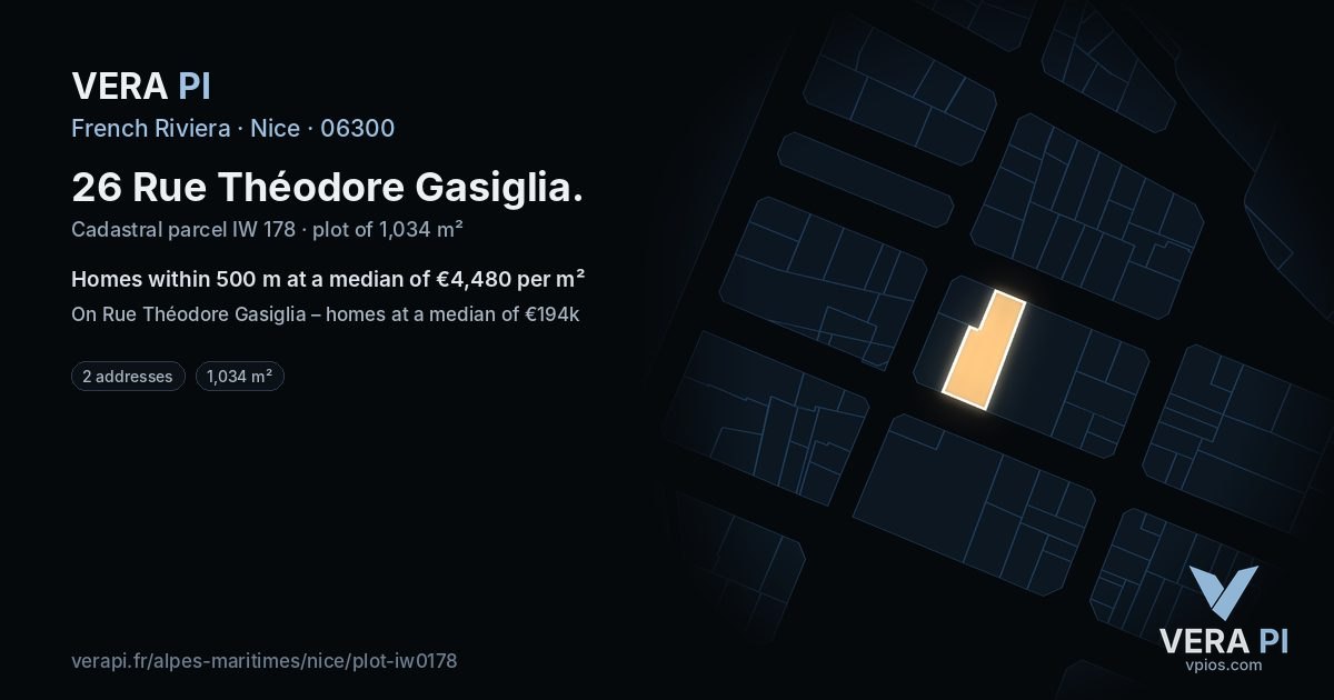 26 Rue Théodore Gasiglia, Nice at night – the plot lit, the parcels around coloured by the prices near them