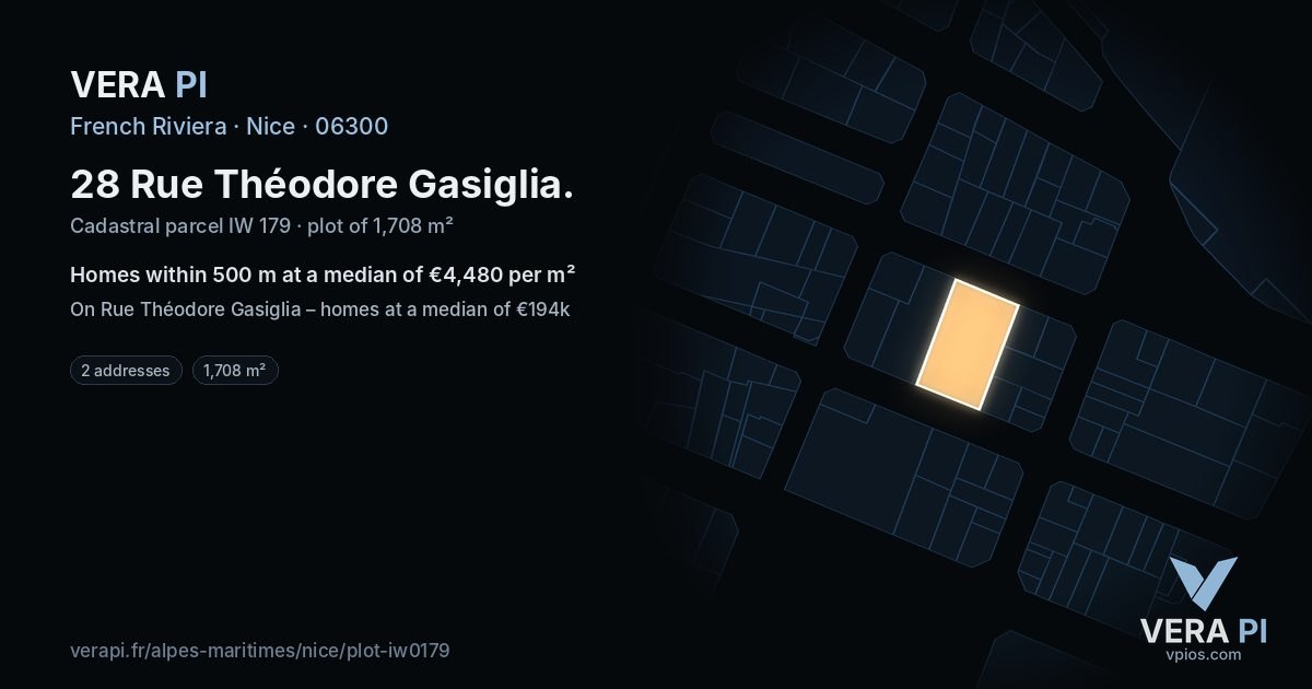28 Rue Théodore Gasiglia, Nice at night – the plot lit, the parcels around coloured by the prices near them