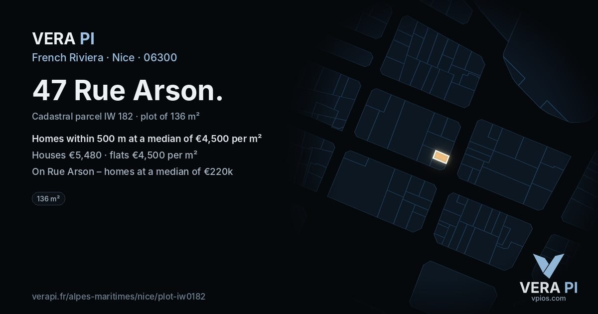 47 Rue Arson, Nice at night – the plot lit, the parcels around coloured by the prices near them