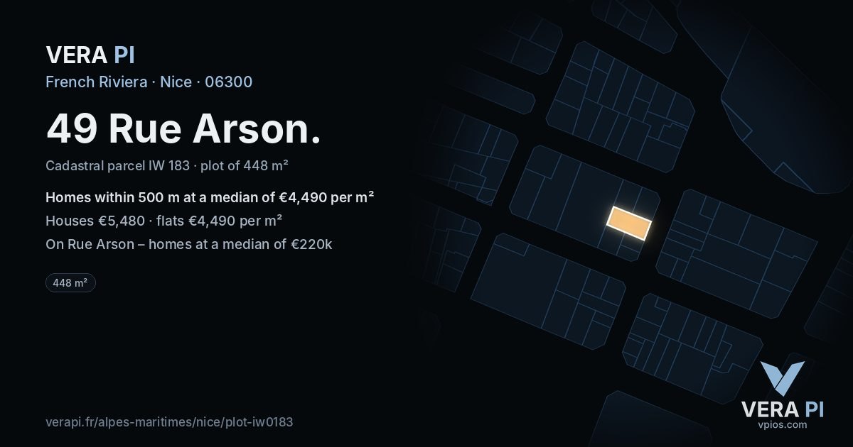49 Rue Arson, Nice at night – the plot lit, the parcels around coloured by the prices near them