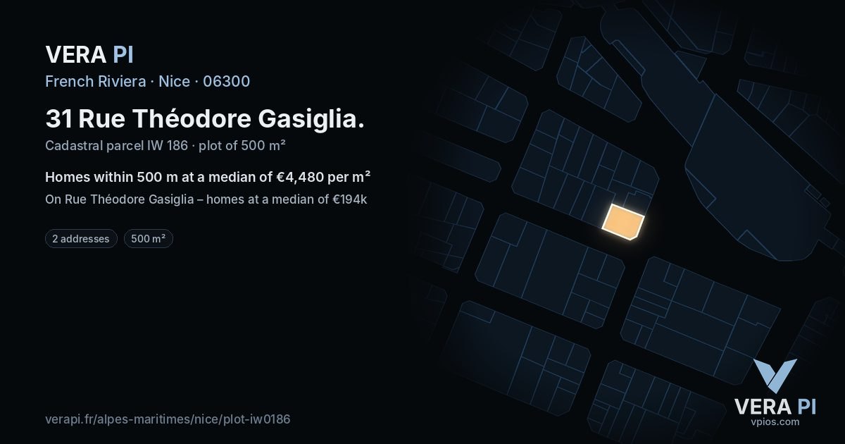 31 Rue Théodore Gasiglia, Nice at night – the plot lit, the parcels around coloured by the prices near them