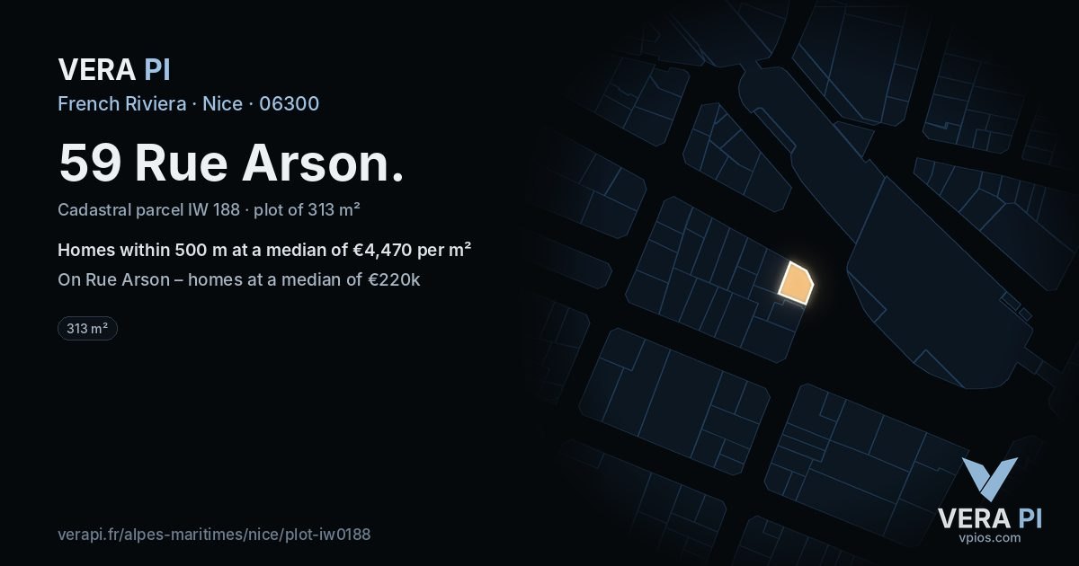 59 Rue Arson, Nice at night – the plot lit, the parcels around coloured by the prices near them