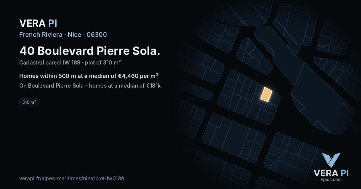 40 Boulevard Pierre Sola, Nice at night – the plot lit, the parcels around coloured by the prices near them