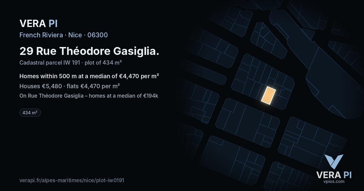 29 Rue Théodore Gasiglia, Nice at night – the plot lit, the parcels around coloured by the prices near them